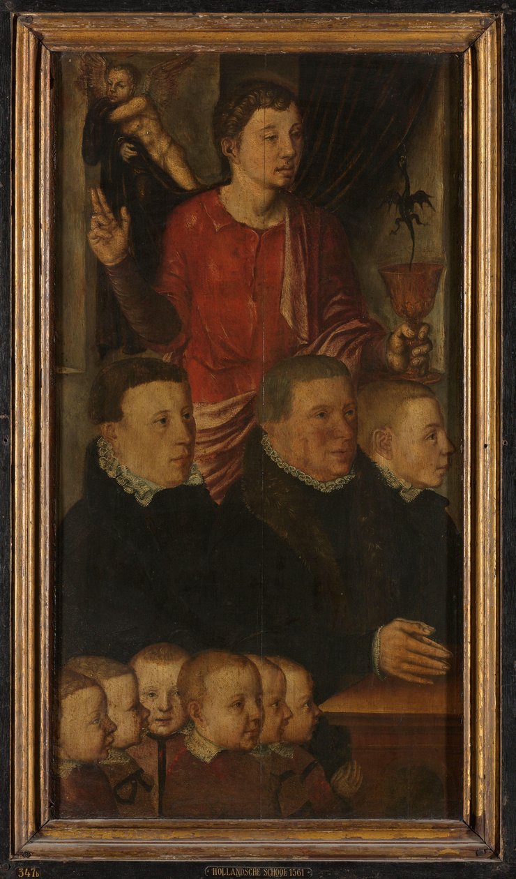 Venstre fløy av en minnetriptych, tidligere kalt Gertz Memorial Triptych, med ni mannlige donorportretter med Saint John the Evangelist (indre) og Saint Peter (ytre) av Hugo van der Goes (copy after)