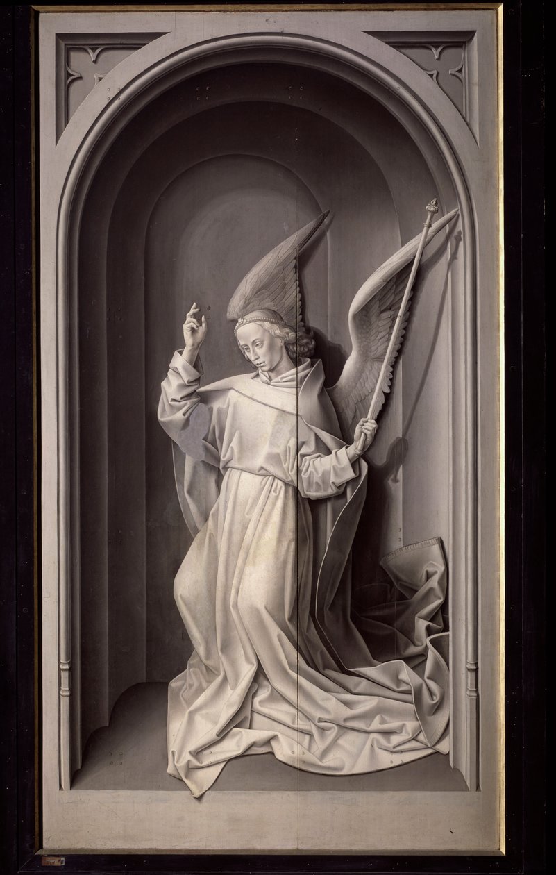 Bebudelsens engel, utvendig panel på triptyken Portinari - olje på panel, ca. 1475 av Hugo van der Goes