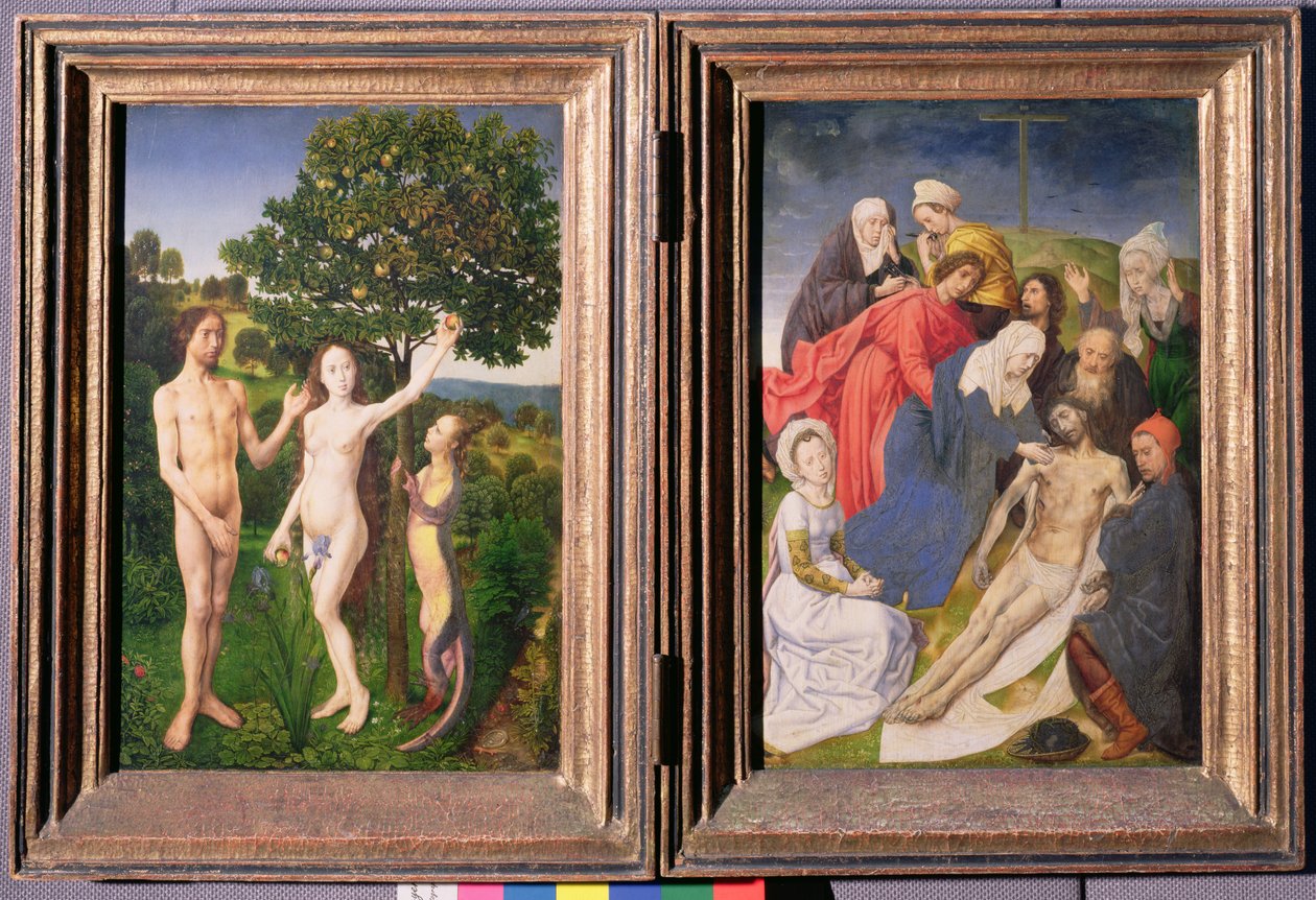 Diptych: Fallet (Adam og Eva, slange og eple) og Jesu nedstigning fra korset (etter 1479) av Hugo van der Goes
