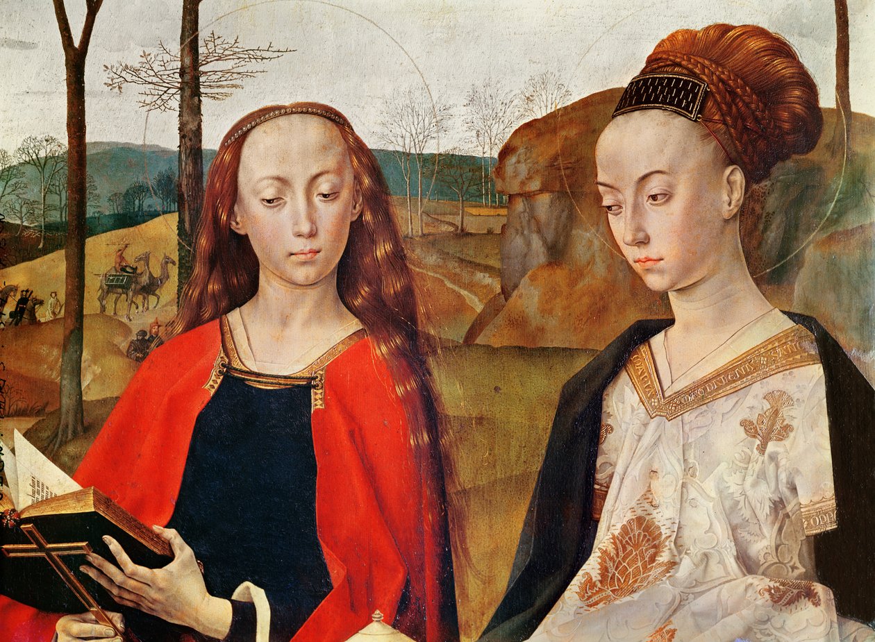 Saint Margaret og Saint Mary Magdalena. Detalj fra Portinari-alteret. Cirka 1479. Olje på panel av Hugo van der Goes
