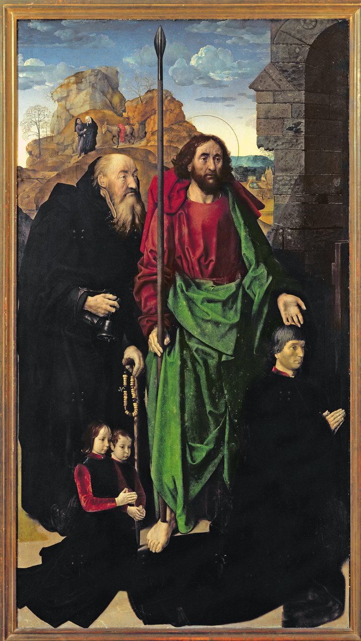 Portinari-altertavlen, St. Thomas og St. Anthony Eremitten med Tommaso Portinari og to sønner Antonio og Pigello, venstre fløy, ca. 1479 av Hugo van der Goes