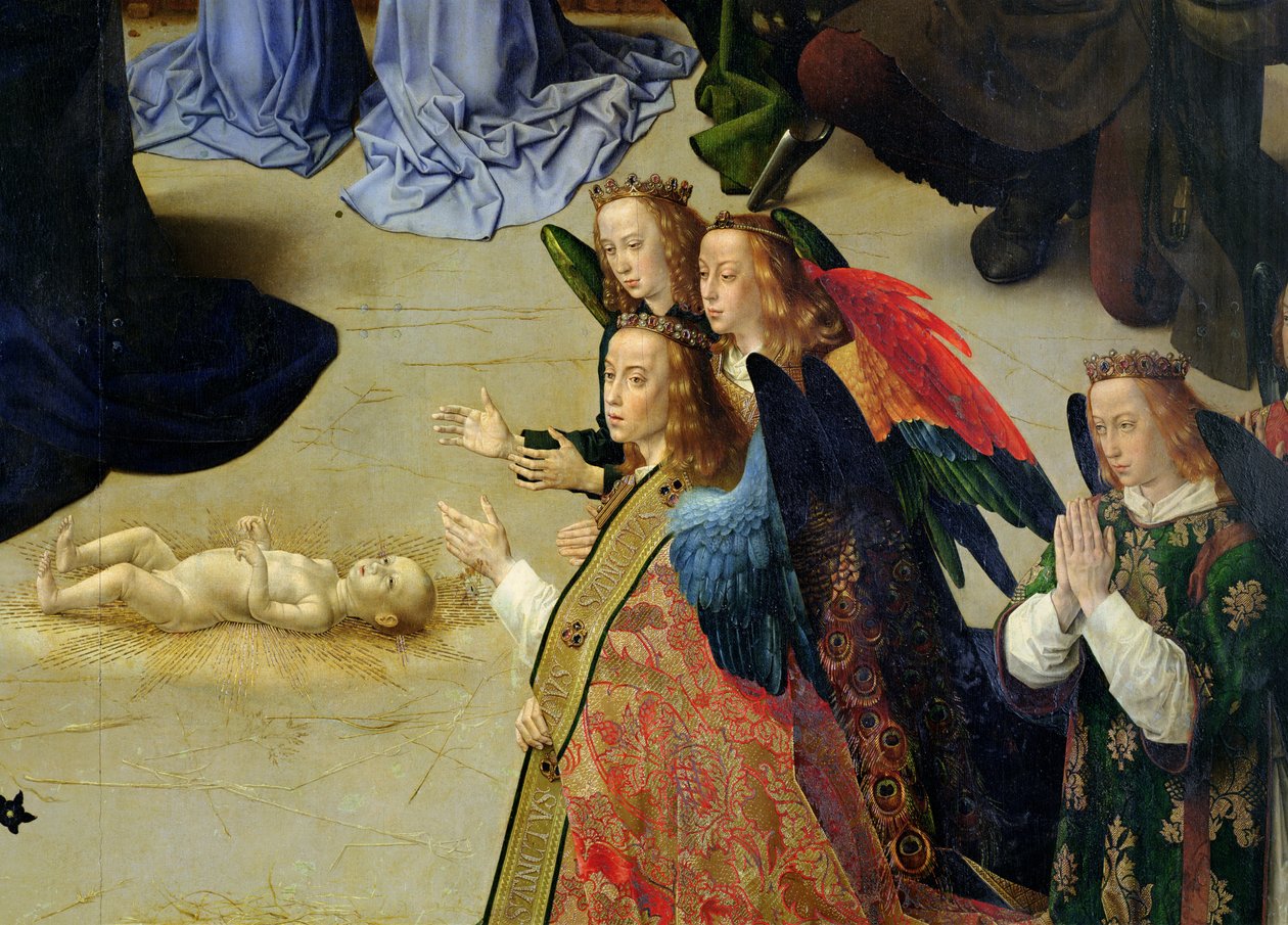 Portinari-altertavlen, detalj av de fire englene og spedbarnet, c.1475 olje på paneldetalj av 9619 av Hugo van der Goes