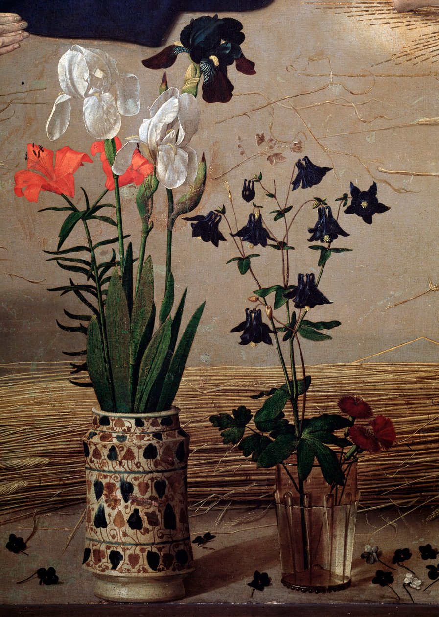 Triptych Portinari: sentral detalj av blomster - olje på panel av Hugo van der Goes