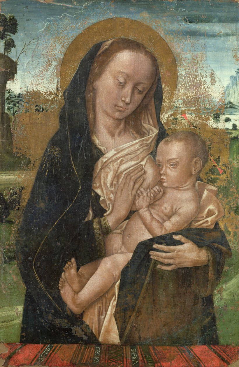 Jomfru Maria stiller Jesusbarnet, etter 1476 av Hugo van der studio of Goes