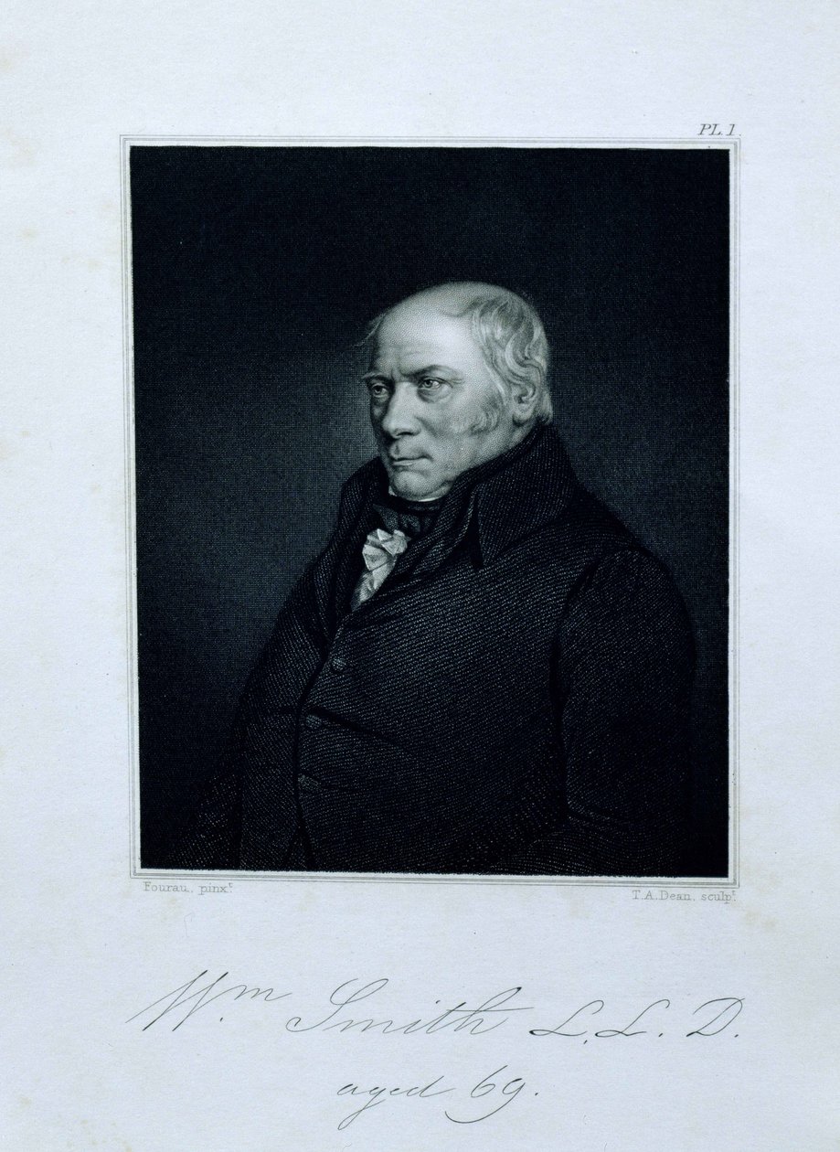 Portrett av William Smith (1769-1839) 69 år gammel, frontispice fra Memoirs of William Smith av hans nevø og elev John Phillips, gravert av TA Dean (fl.1818-1850) pub. av John Murray, 1844 (gravi av Hugues Fourac