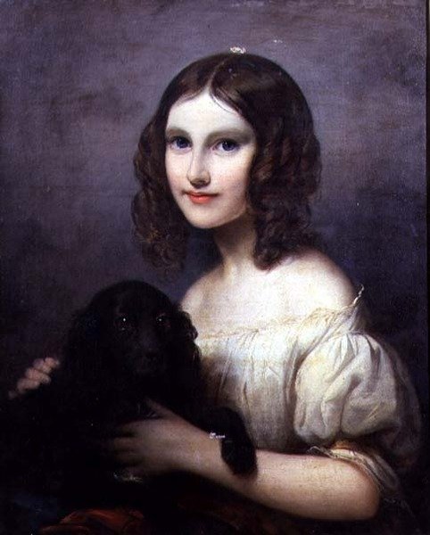 Portrett av en ung jente med hunden sin av Hugues Merle