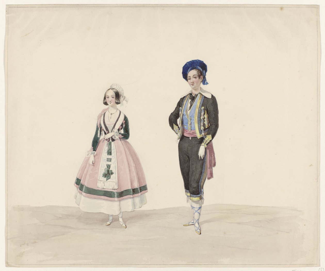 Mann og kvinne i historisk drakt, 1841 Seks akvareller av tidstypiske kostymer til kostymeballet i 1841 (serietittel) av Huib van Hove Bz