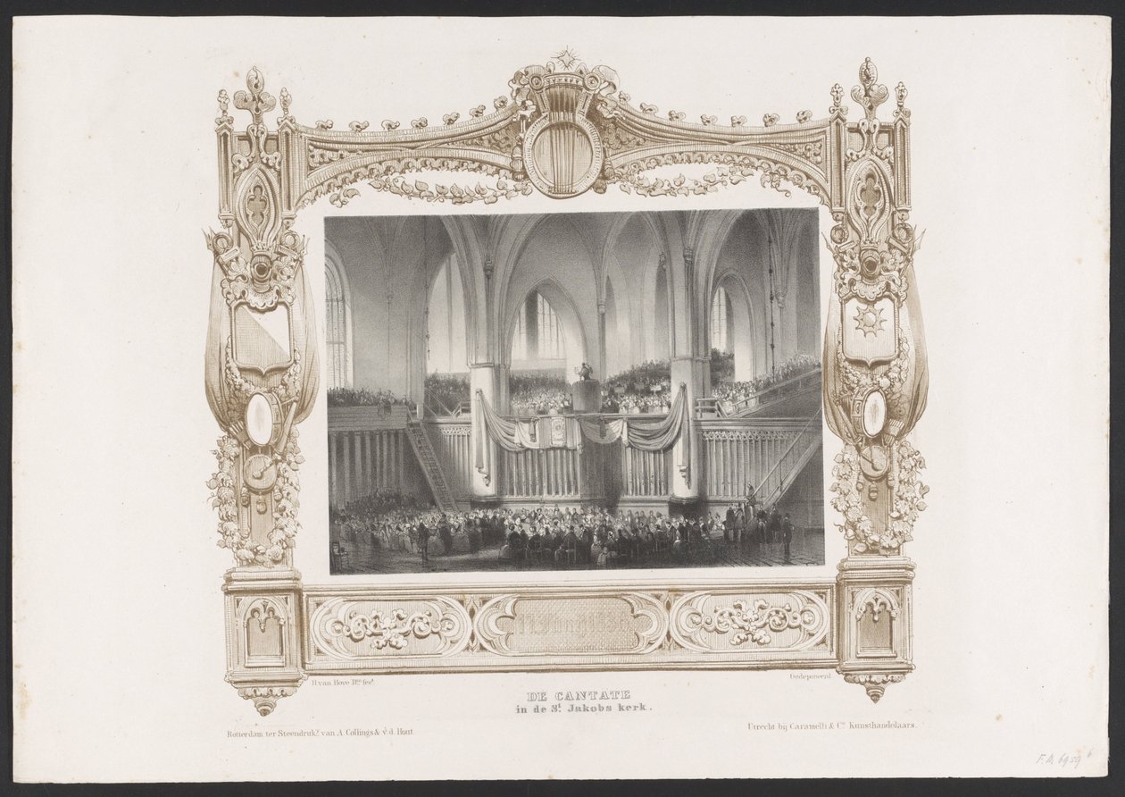 Prosesjon med en trykkpresse, 1836 Kantaten i St. Jakobs kirke / 17. juni 1836 (tittel på objekt) Plater for feiringen av det andre hundreårsjubileet til Utrechtsche Hogeschool, 1836 (serietittel) av Huib van Hove Bz