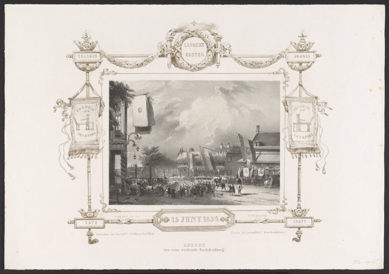 Prosesjon med en trykkpresse, 1836 Optogt van eene working Drukkerij / 15. juni 1836 (tittel på objekt) Plater for feiringen av det andre hundreårsjubileet til Utrechtsche Hogeschool, 1836 (serietittel) av Huib van Hove Bz