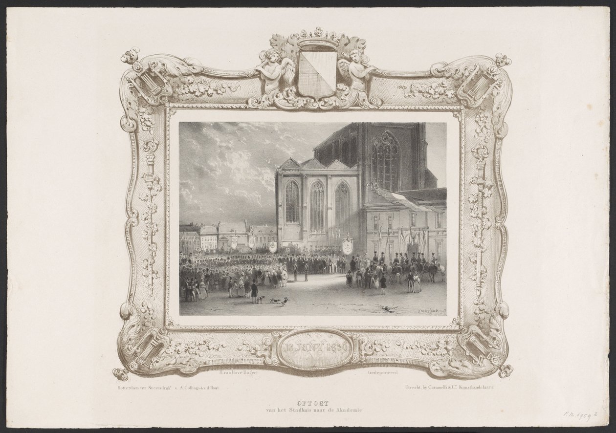 Prosesjon fra rådhuset til akademibygningen, 1836 Himmelfart fra rådhuset til akademiet (tittel på objekt) Plater for feiringen av det andre hundreårsjubileet til Utrechtsche Hogeschool, 1836 (serietittel) av Huib van Hove Bz