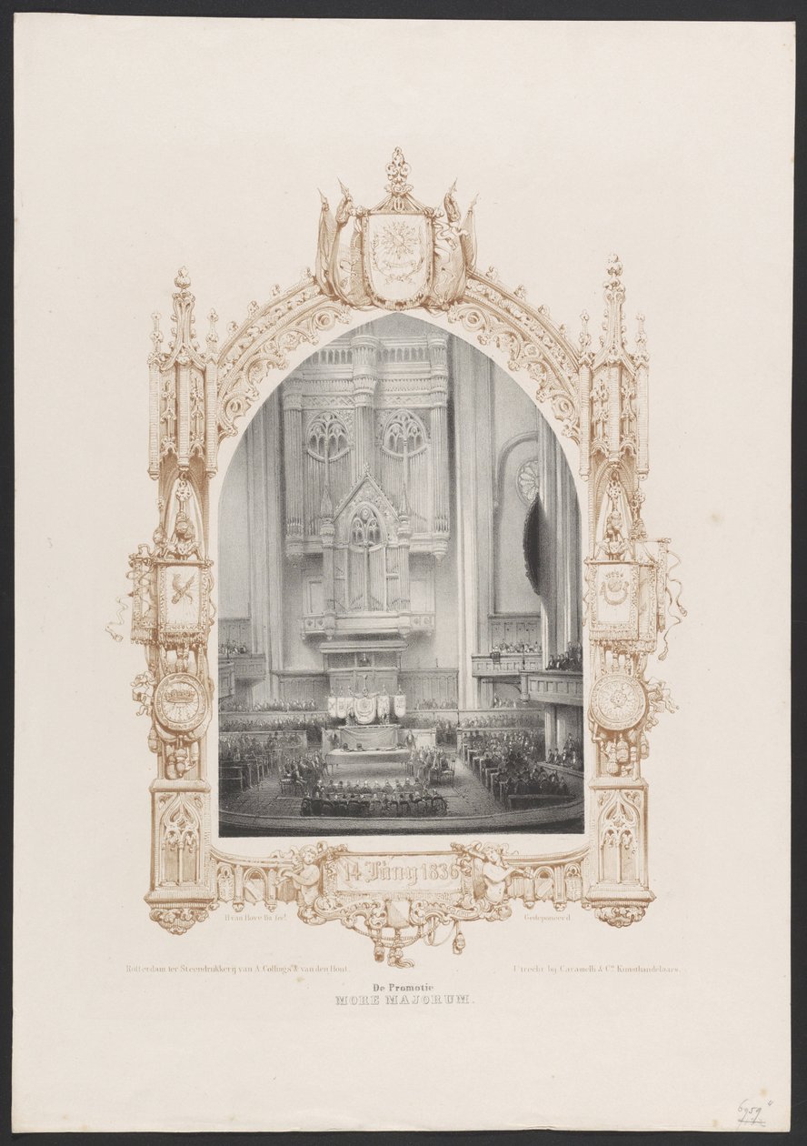 Promotion More Majorum, 1836 The Promotion More Majorum / 14. juni 1836 (tittel på objekt) Plater for feiringen av det andre hundreårsjubileet til Utrechtsche Hogeschool, 1836 (serietittel) av Huib van Hove Bz