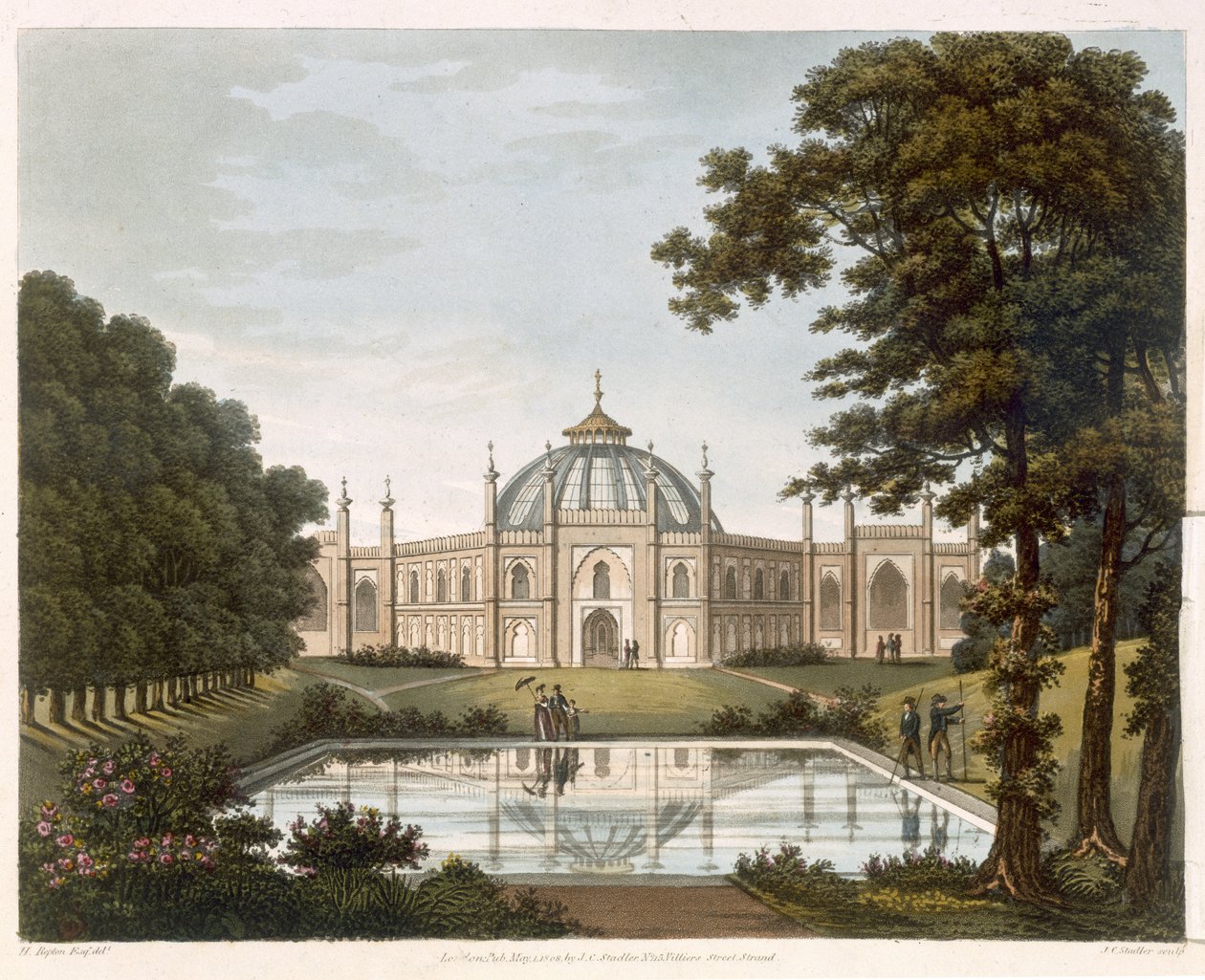 Brighton Pavilion: Foreslått utsikt over hagen med en del av Brighton Pavilion i bakgrunnen, gravert av J. C. Stadler, ca. 1816 av Humphry Repton