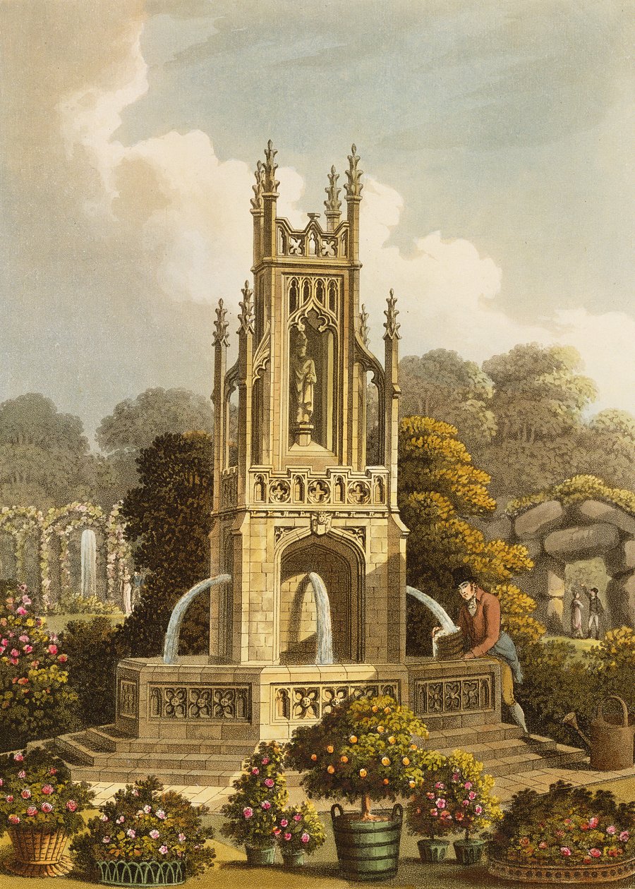 Design for a Conduit, foreslått på Ashridge, med fjernsyn over rosenkransen og munkens hage, fra "Fragmenter om teori og praksis for landskapshagearbeid", pub. 1816 av Humphry Repton