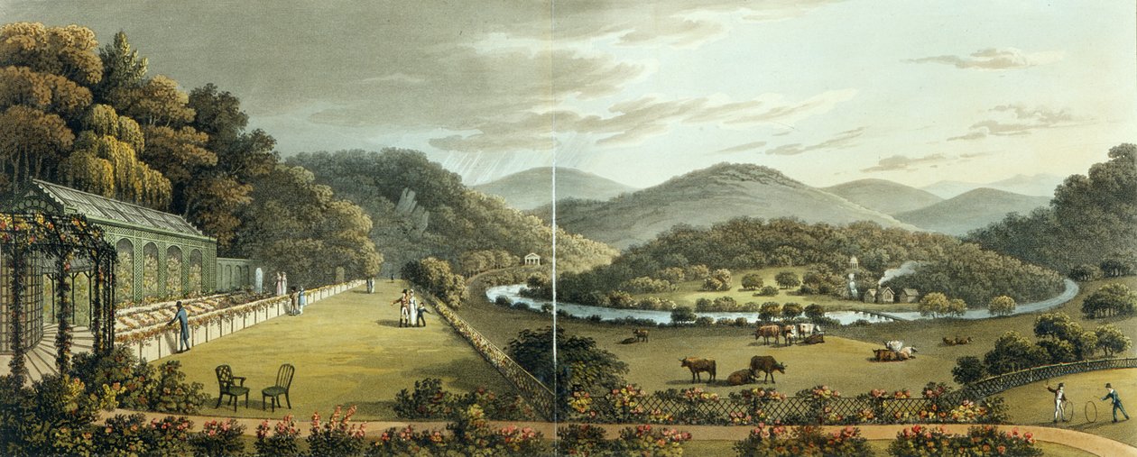 Generelt utsikt fra sør- og østfronten av hytten i Endsleigh, Devon, (etter) fra "Fragmenter om teori og praksis for landskapshagearbeid", pub. 1816 av Humphry Repton