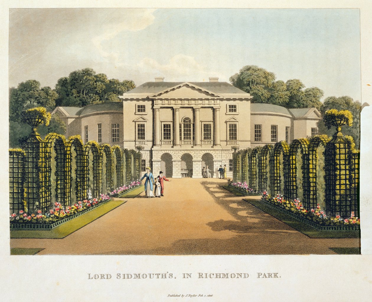 Lord Sidmouth's, i Richmond Park, fra 'Fragments on the Theory and Practice of Landscape Gardening', utgitt 1816 (akvatint) (se også 209650) av Humphry Repton