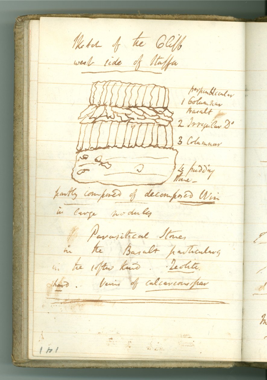 ‘Sketch of the Cliff west side of Staffa’, side fra Sir Humphry Davys Personal Notebook (blekk på papir) av Humphry Davy