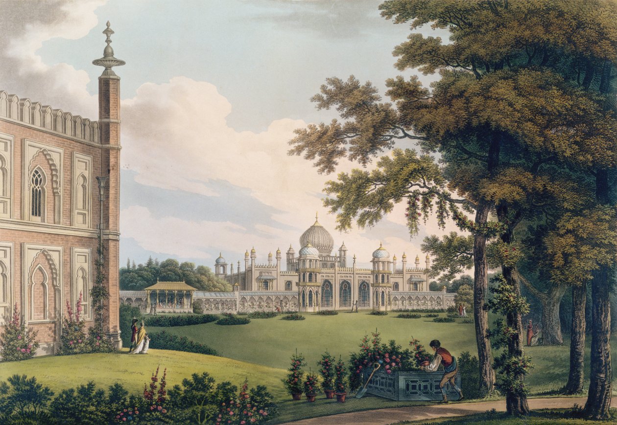 Brighton Pavilion som viser hager, gravert av Joseph Constantine Stadler av Humphry Repton