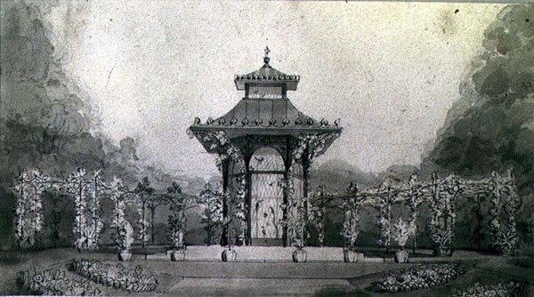 Design for en voliere og pergola i kinesisk stil av Humphry Repton