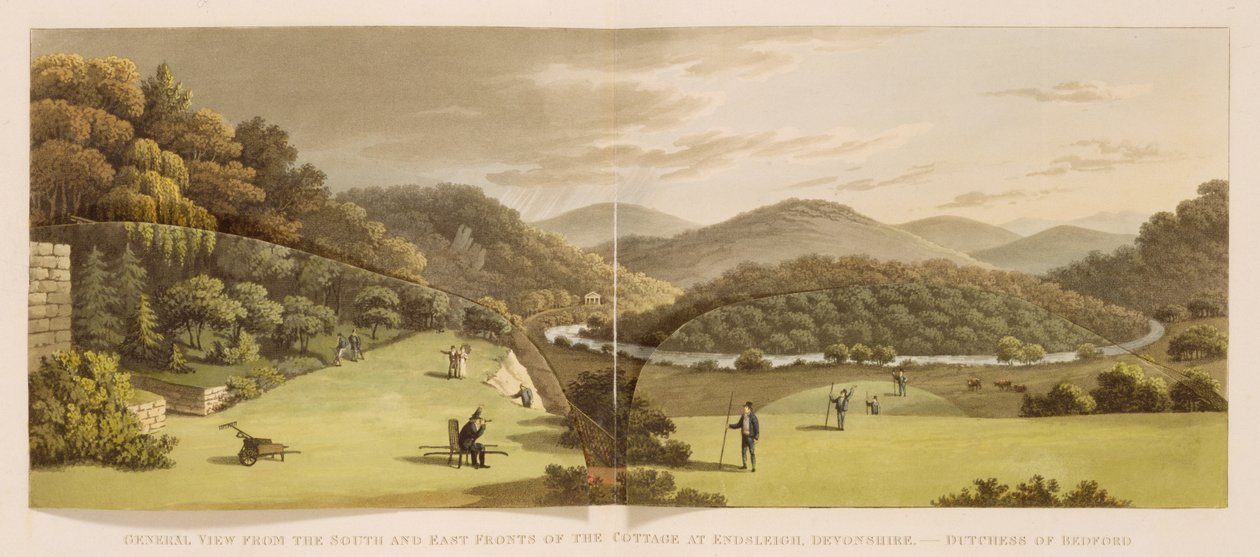 Generelt utsikt fra sør- og østfronten av hytten i Endsleigh, Devon (før) fra "Fragmenter om teori og praksis for landskapshagearbeid", pub. 1816 (farge litho) (se også 103914) av Humphry Repton
