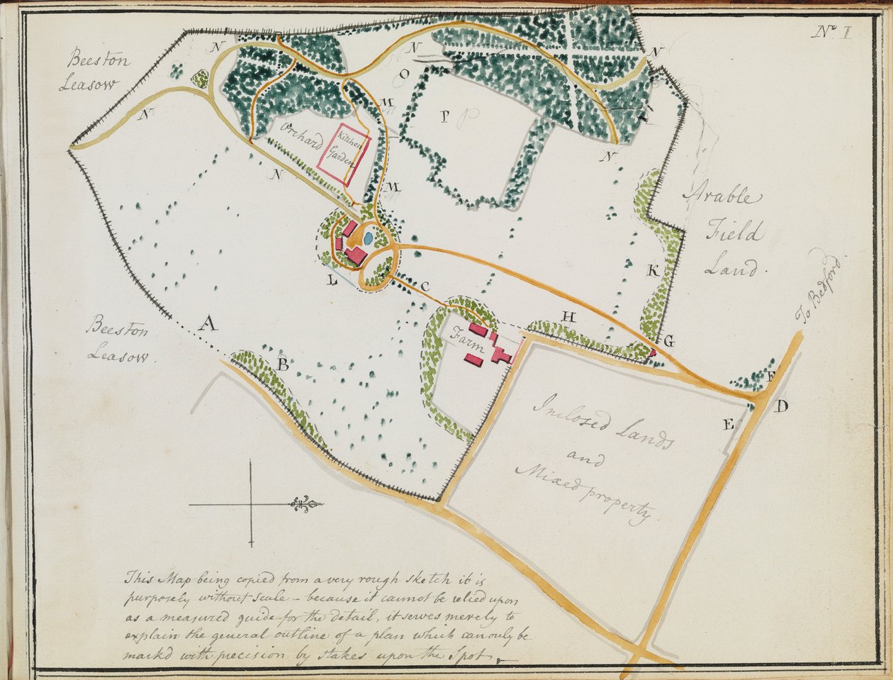 Kart fra "Red Books", for "Mogenhanger in Bedfordshire, a Seat of Godfrey Thornton Esq.", 1792 av Humphry Repton