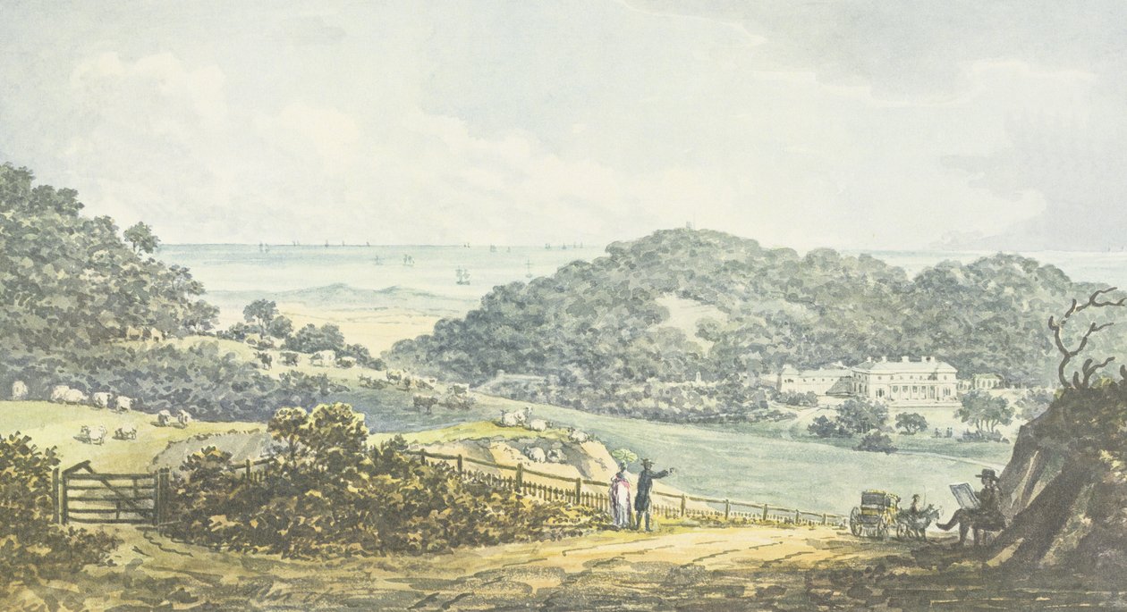 Panoramautsikt "etter" fra den røde boken for Antony House, ca. 1812 av Humphry Repton
