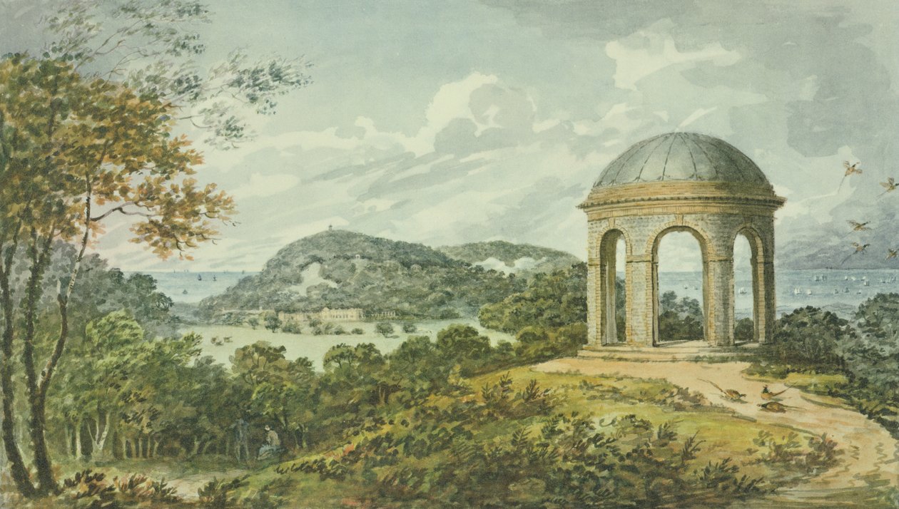 Scene nær tempelet, fra den røde boken for Antony House, ca. 1812 (wc på papir) av Humphry Repton