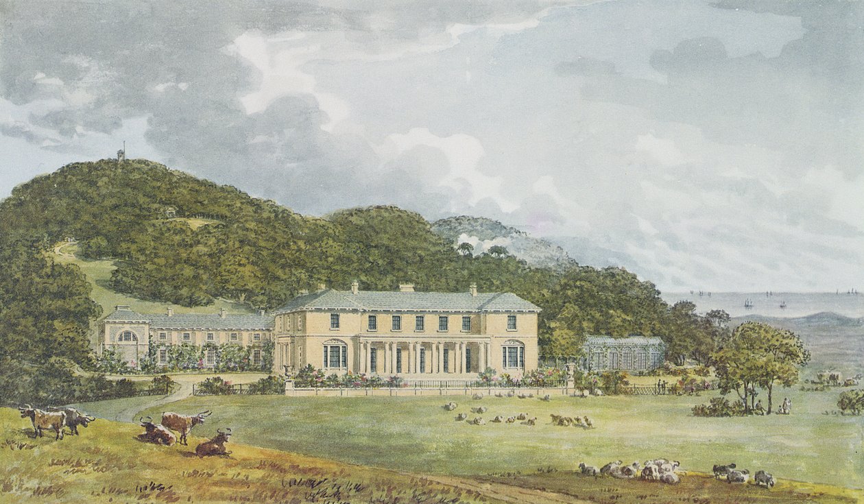 Sørfront med vestfront i perspektiv, fra Red Book for Antony House, ca. 1812 av Humphry Repton