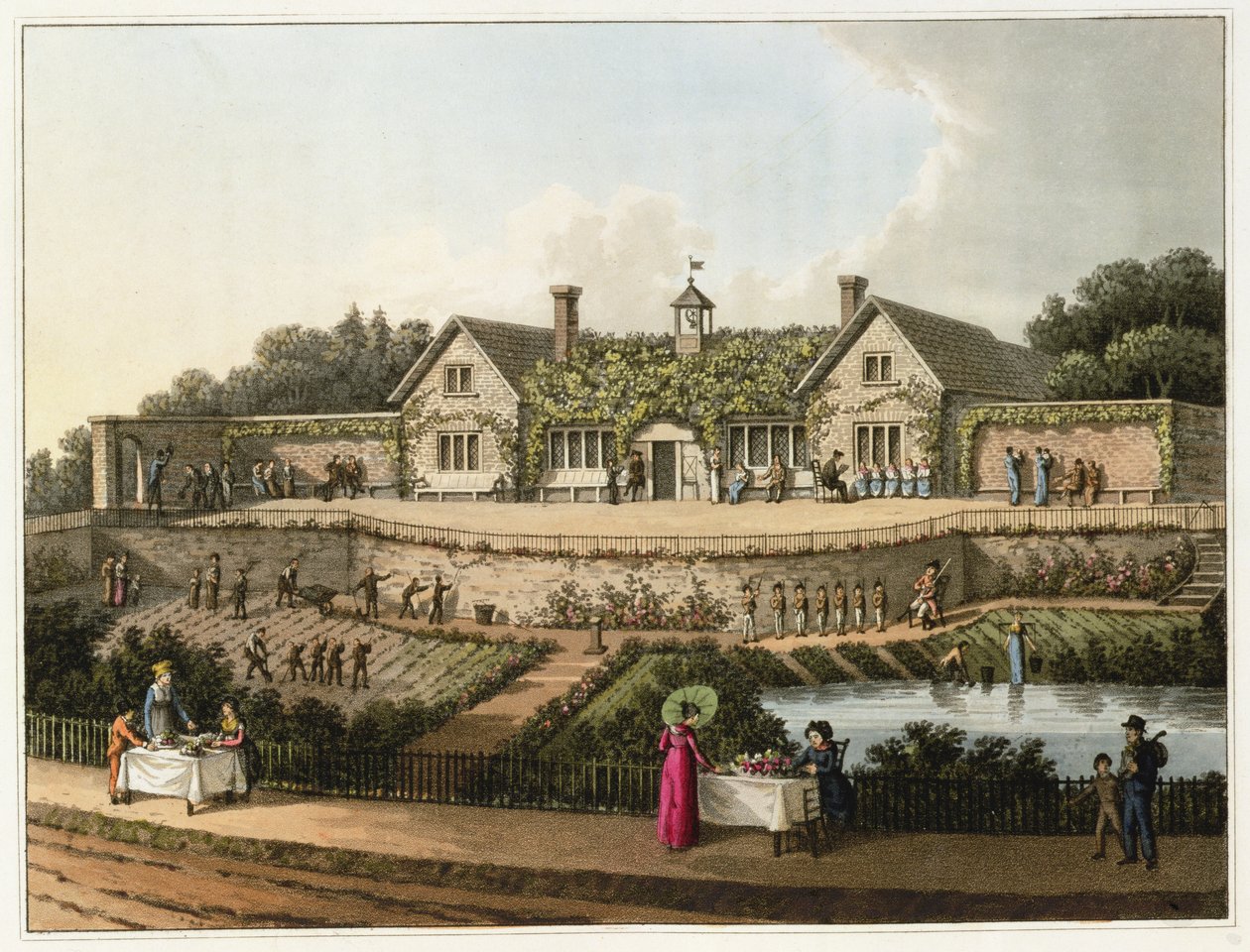 The Work House, fra "Fragments on the Theory and Practice of Landscape Gardening", pub. 1816 av Humphry Repton