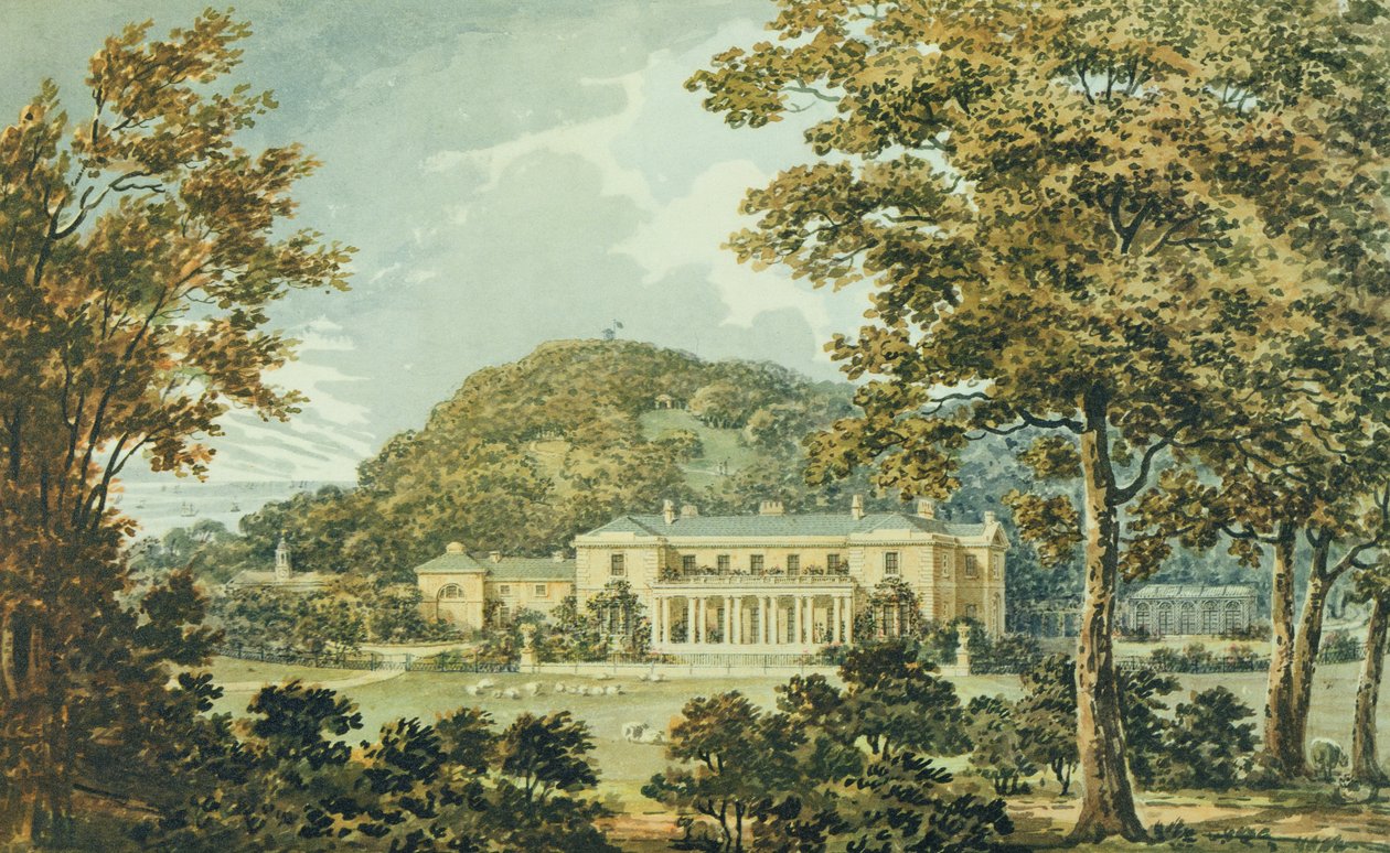 Sørfronten med østfronten i perspektiv, fra den røde boken for Antony House, ca. 1812 av Humphry Repton