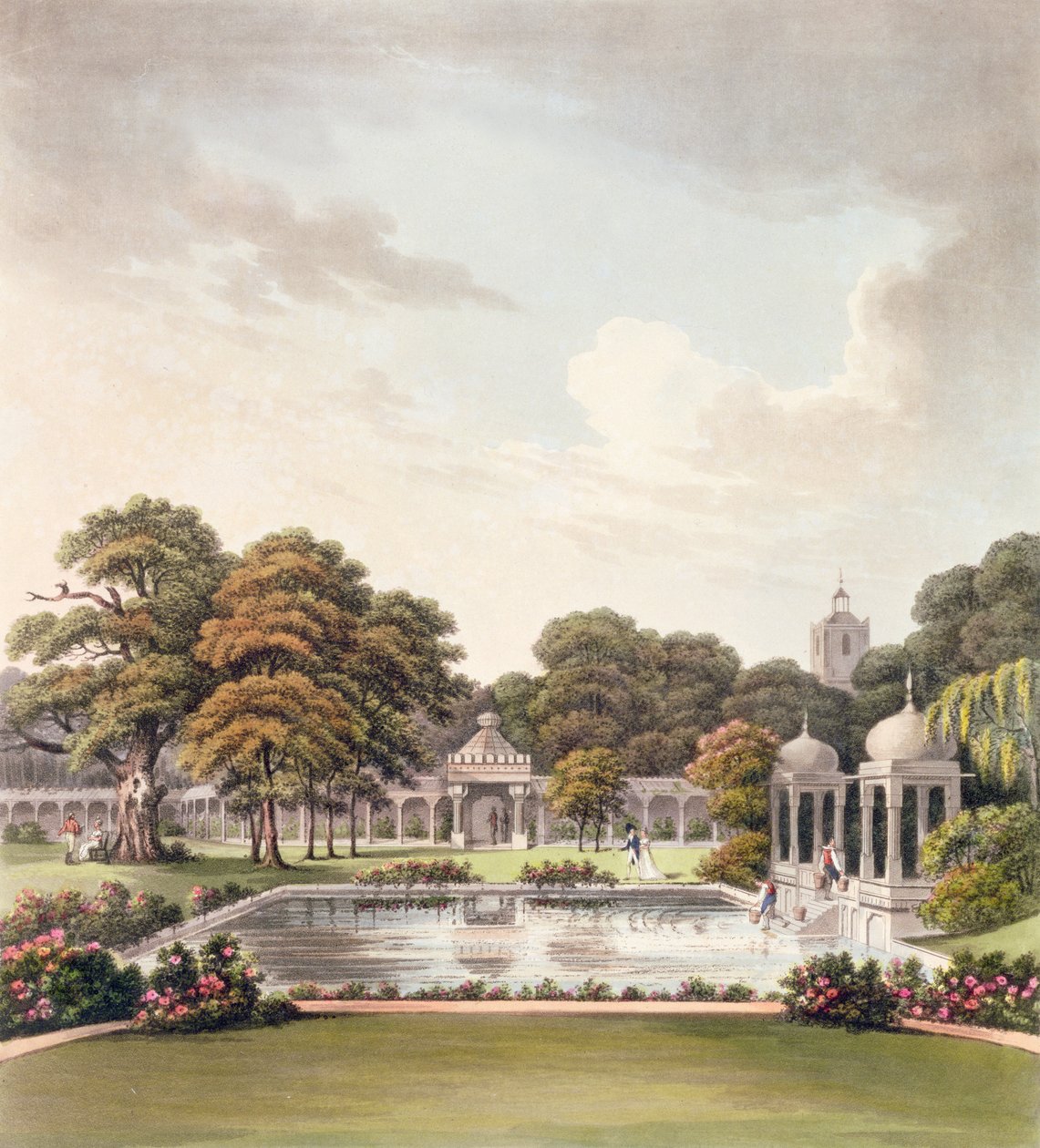 Utsikt fra kuppelen, Brighton Pavilion, gravert av Joseph Constantine Stadler (fl.1780-1812), publisert 1808 av Humphry Repton