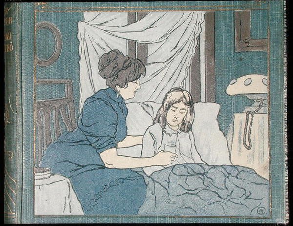 En mor pleier sin syke datter, fra omslaget til en familiemedisinsk bok, ca. 1900 (farge litho) av Hungarian School