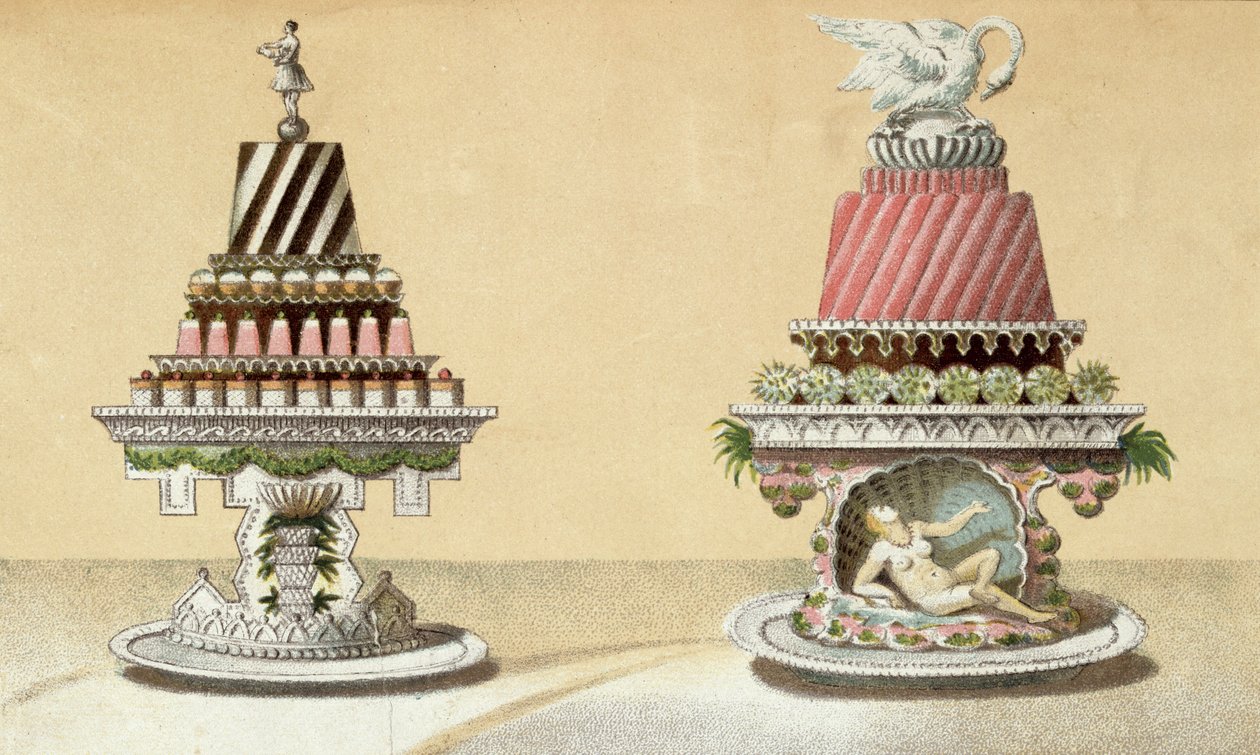 Design for presentasjonen av Charlottes a la Reine & Pain de Framboises a la Leda, illustrasjon fra en ungarsk kokebok om fransk matlaging, ca. 1880 av Hungarian School