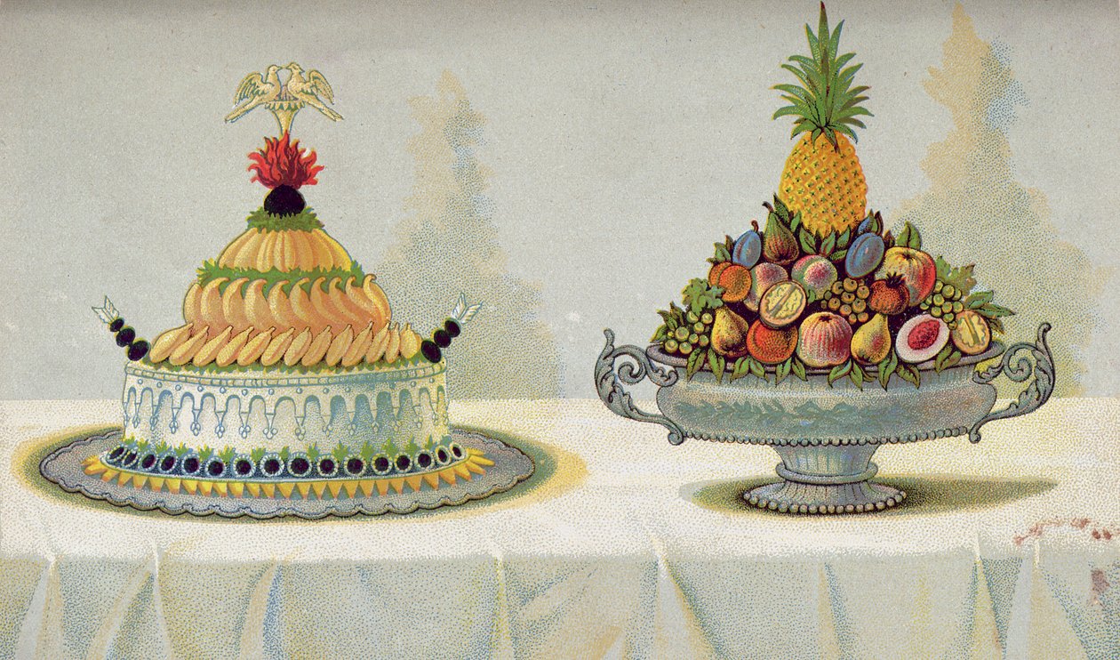 Design for presentasjon av hønekylling med majones og aspik på en seng av smør og is og frukt, illustrasjon fra en ungarsk kokebok om fransk matlaging, ca. 1880 av Hungarian School