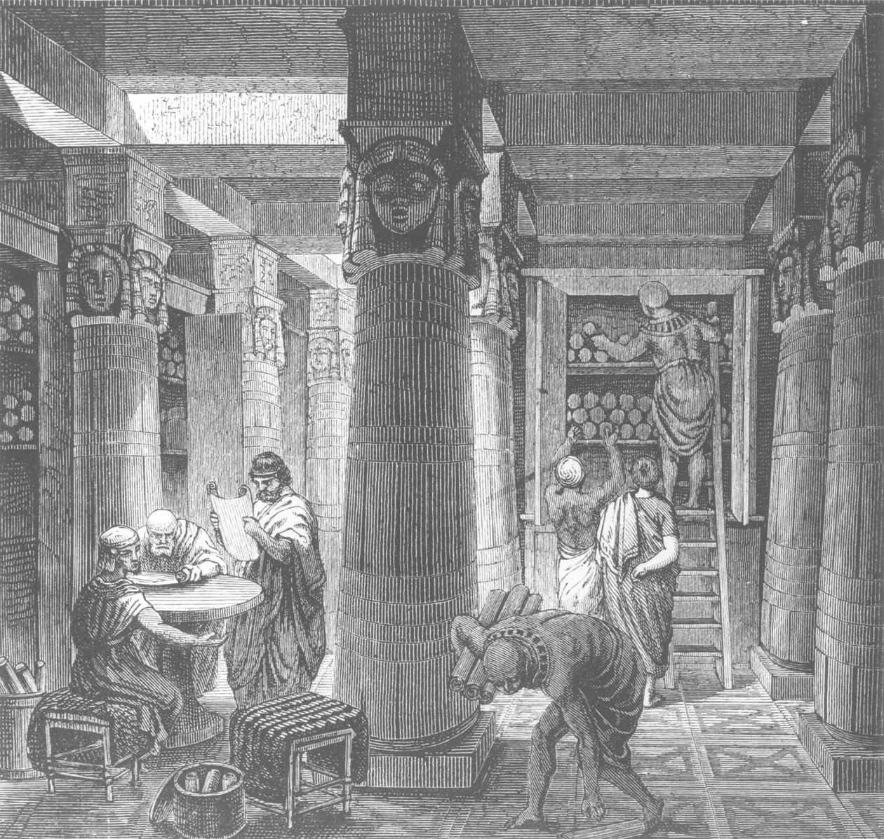Imaginær rekreasjon av Ptolemaios-biblioteket i Alexandria, Egypt, fra Histoire Generale des Peuples, 1880 av Hungarian School