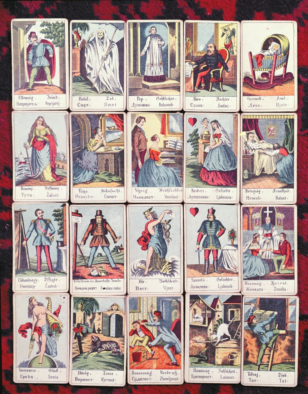 LeNormand-kort på fire språk (ungarsk, tysk, serbisk og kroatisk), slutten av det nittende århundre av Hungarian School