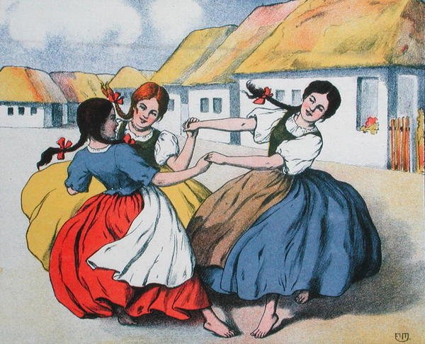 Bondedans. illustrasjon fra et parti med sanger av Arpad Balazs, ca. 1910 (farge litho) av Hungarian School