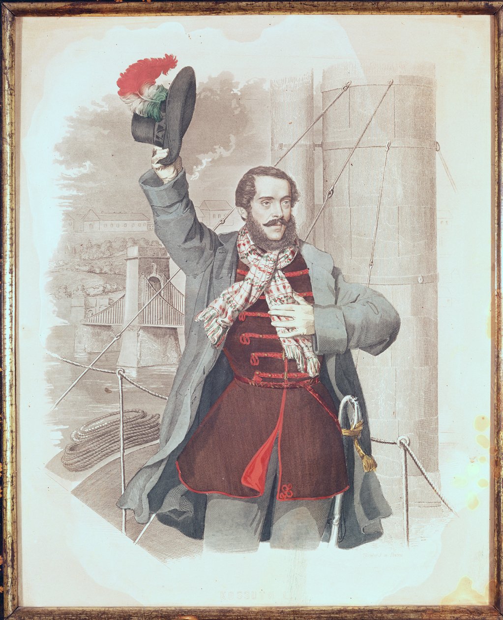 Portrett av Lajos Kossuth (1802-94) ved Kjedebroen i Budapest, 1849 av Hungarian School