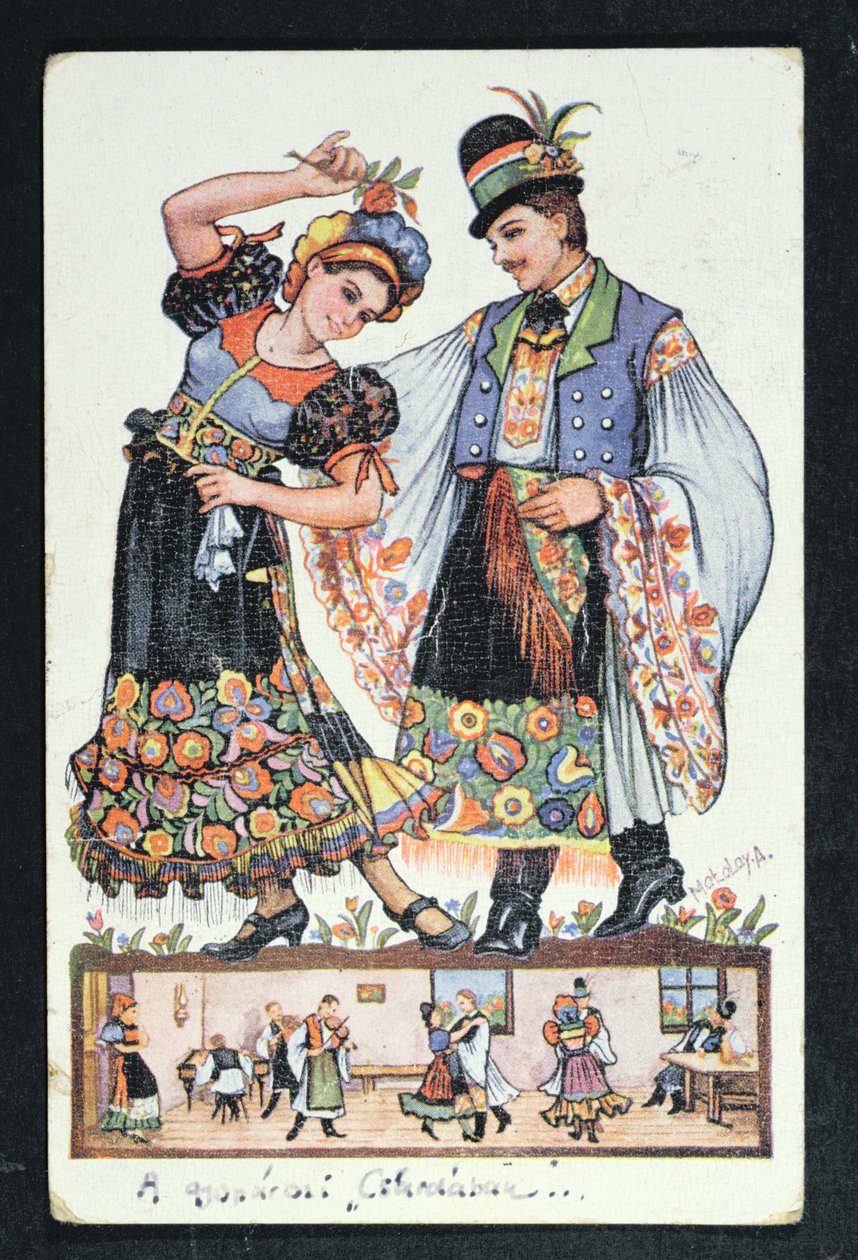 Postkort som viser et ungarsk par som danser en tradisjonell dans, 1943 av Hungarian School