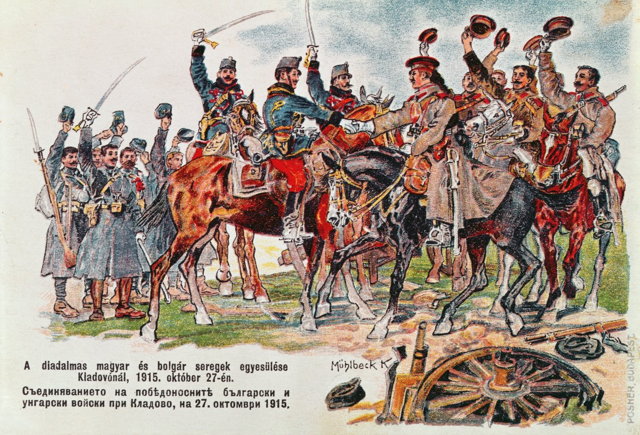 Postkort som viser møtet mellom de ungarske og bulgarske hærene 27. oktober 1915 nær Kladovo, 1915 av Hungarian School