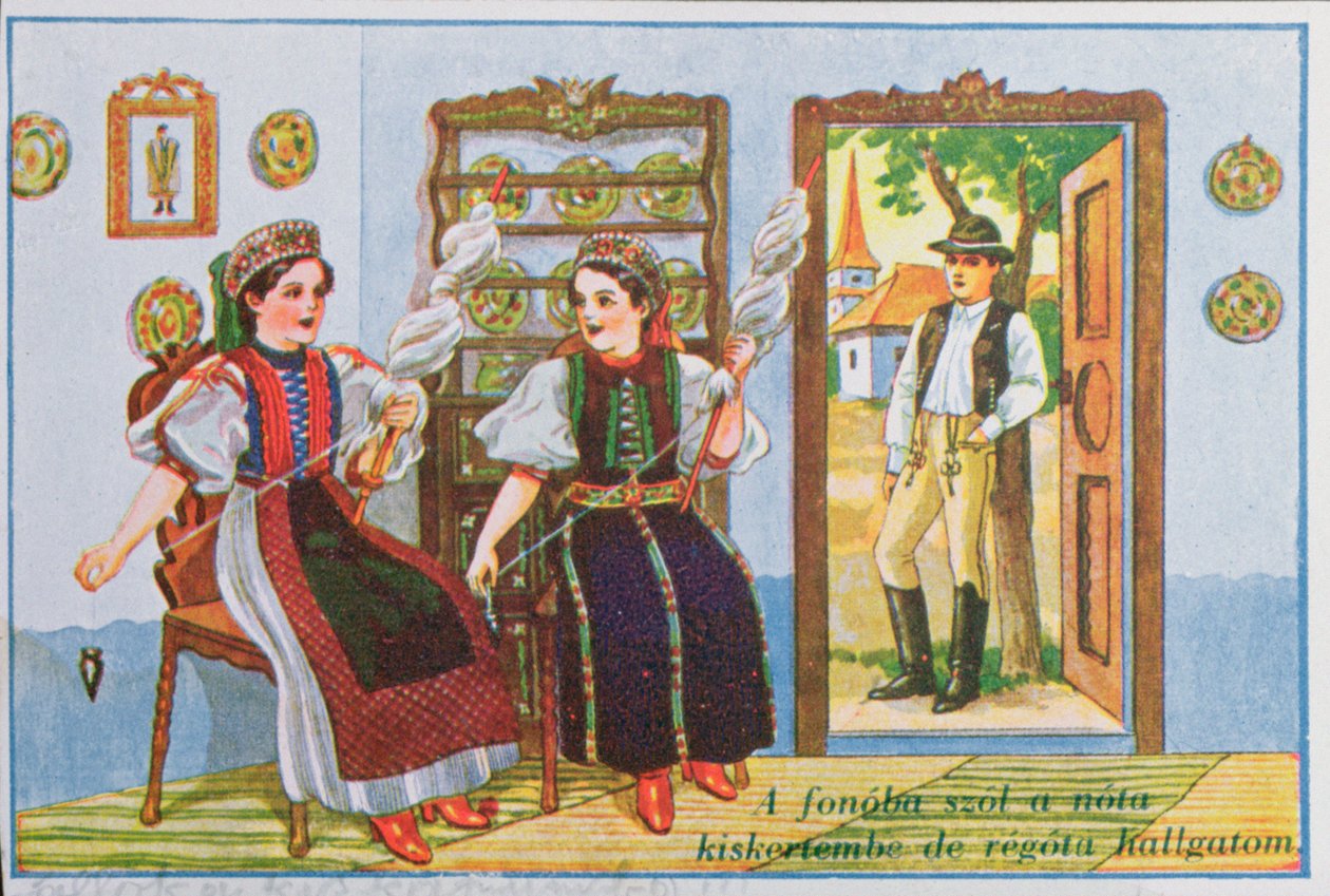 Postkort som viser kvinner i tradisjonell ungarsk kjole som spinner og synger den populære sangen Sing a Song to the Frog, ca. 1940 av Hungarian School