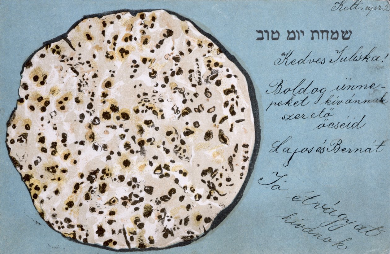 Postkort til påske som viser usyret brød, ca. 1900 av Hungarian School