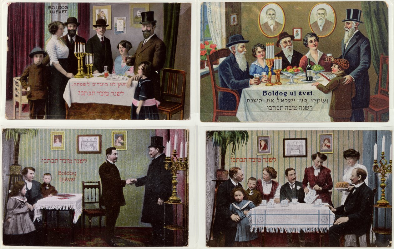 Postkort som viser den jødiske familien på Rosh Hashanah av Hungarian School