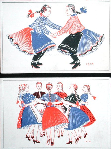 Postkort som viser tradisjonelle ungarske danser, ca. 1947-8 (litho i farge) av Hungarian School