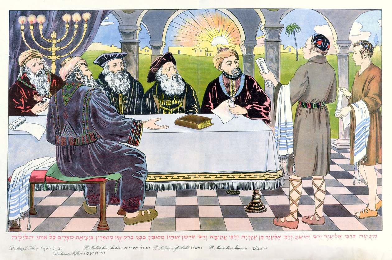 Savants ved Maimonides bord, fra en påske-haggadah av Hungarian School
