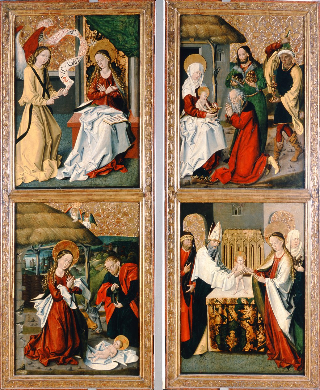Bebudelsen, Kristi fødsel, tilbedelsen av magiene og presentasjonen i tempelet fra Szepeshely-altertavlen, 1480-90 av Hungarian School