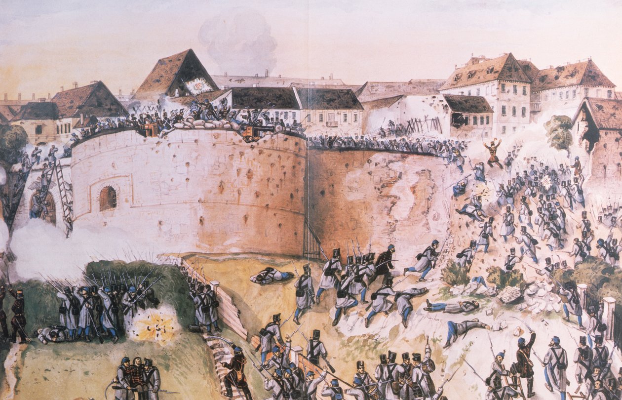 Den ungarske revolusjonen i 1848: Østerrikske tropper angriper Buda-slottet 21. mai 1849 (wc på papir) av Hungarian School