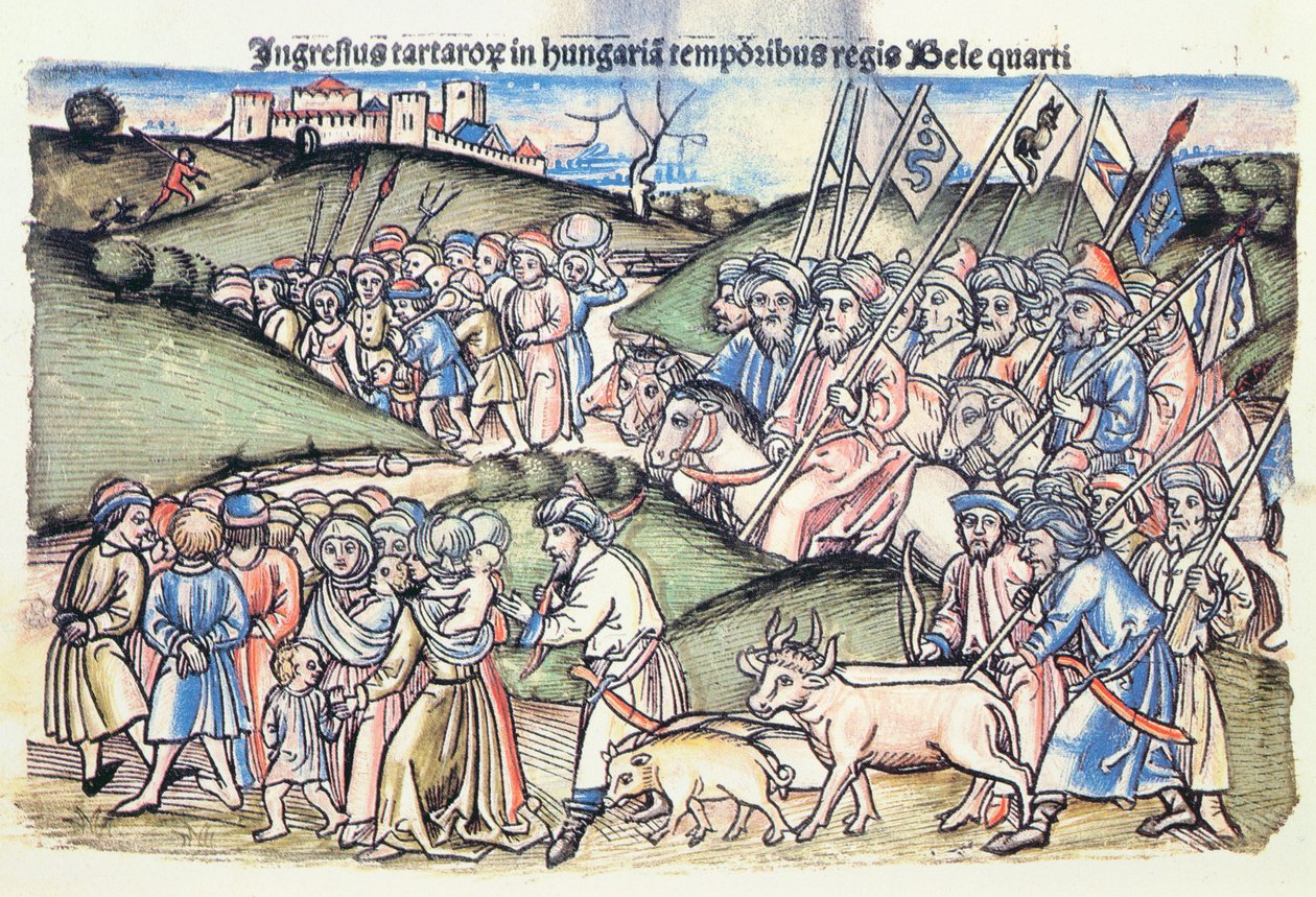 Den mongolske invasjonen av Ungarn i 1241 under Bela IVs regjeringstid av en original farget tregravering) av Hungarian School