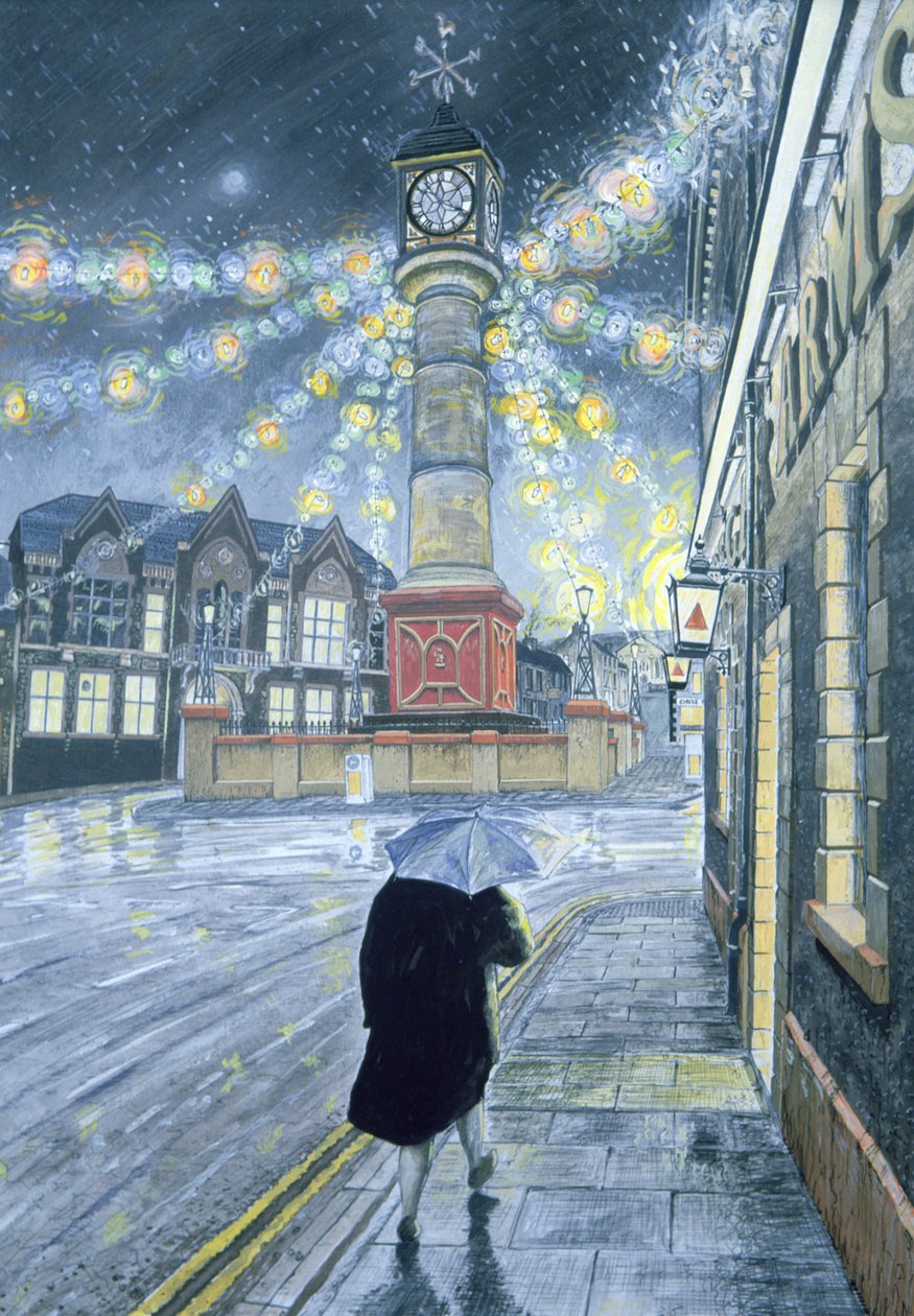 En desemberskumring på Tredegar, 1992 (gouache på kort) av Huw S. Parsons