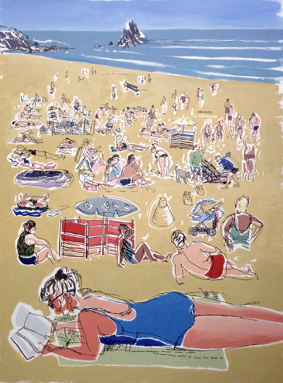 Bathers, Broadhaven Beach, Dyfed, 1995 (olje på blekk om bord) av Huw S. Parsons