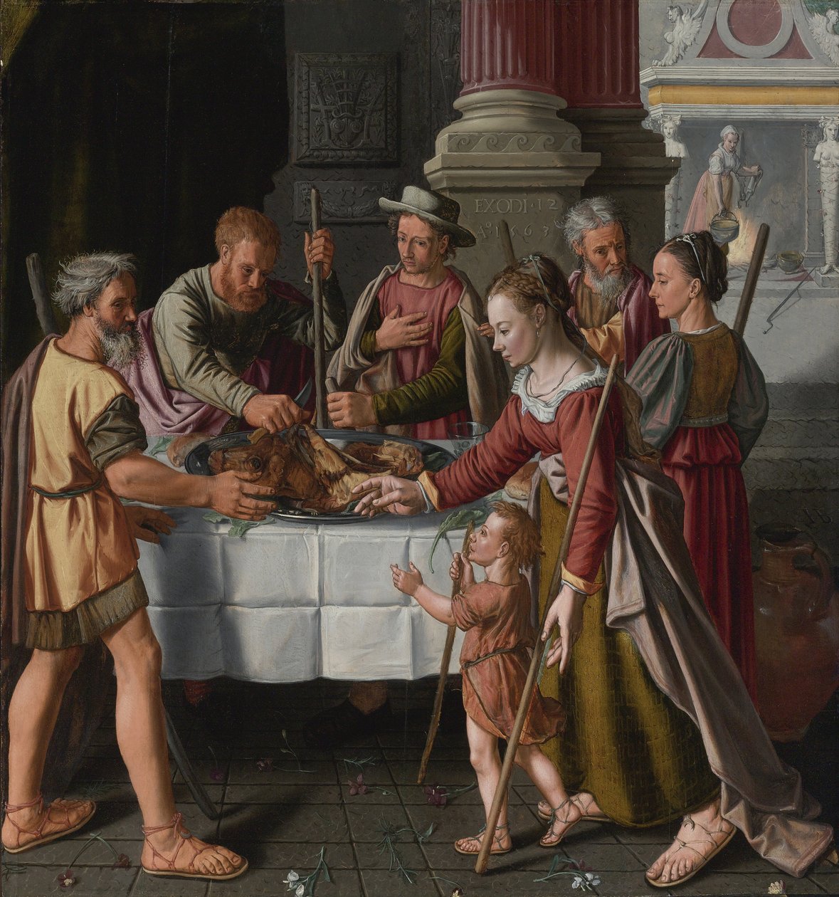 ""Første dag i jødisk påske"" (Den første påskefesten) Maleri av Huybrecht Beuckelaer (aktiv rundt 1563-1584) - 1563 - Olje på tre Dim 105x99 cm Privat samling av Huybrecht Beuckeleer or Beuckelaer